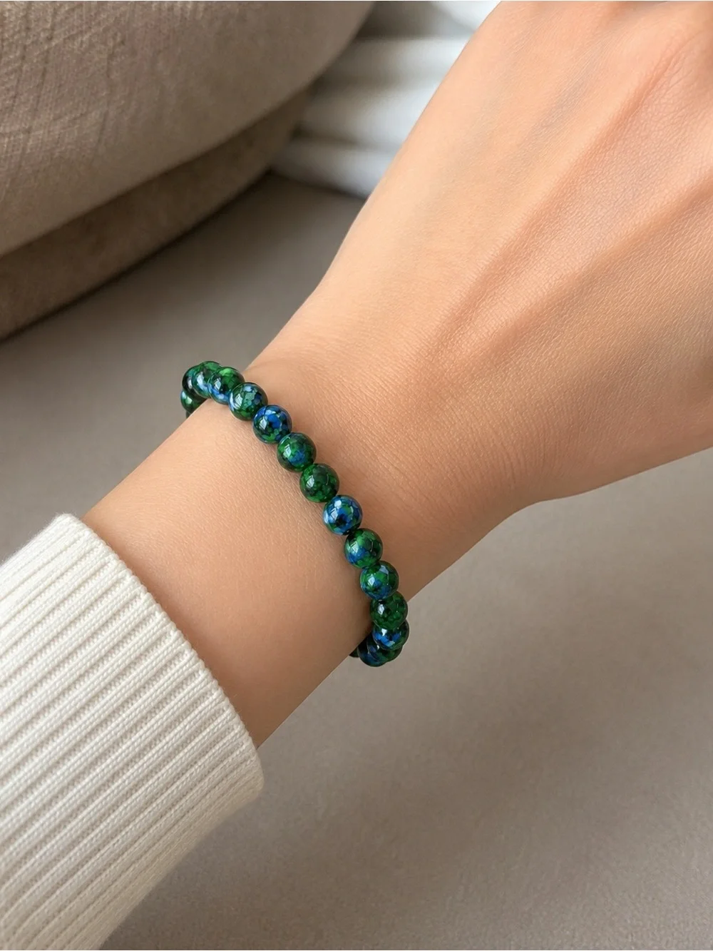 Green & Blue Glass Bead Stretch Bracelet for Women
